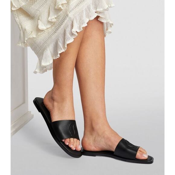 Christian Louboutin CL Mule Flat Black Leather Logo Slide Slip On Sandal 37.5 - Picture 3 of 16